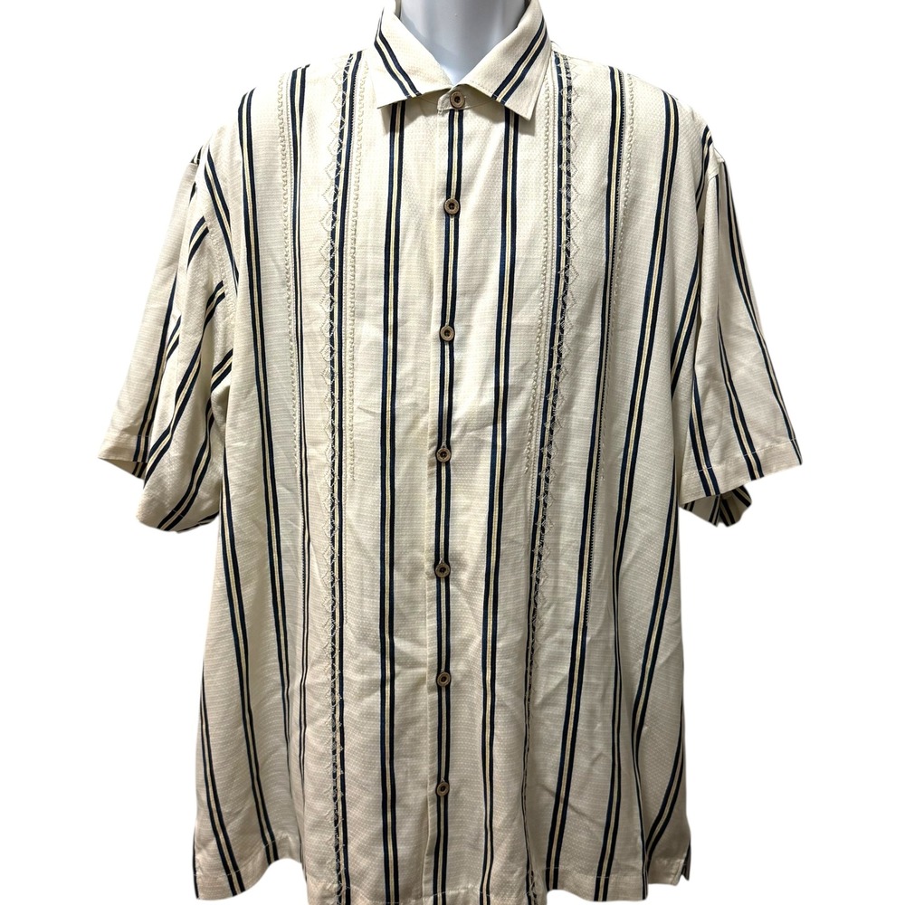 Tommy Bahama Silk Camp Shirt Embroidered Striped Button Up Short Sleeve XL‎